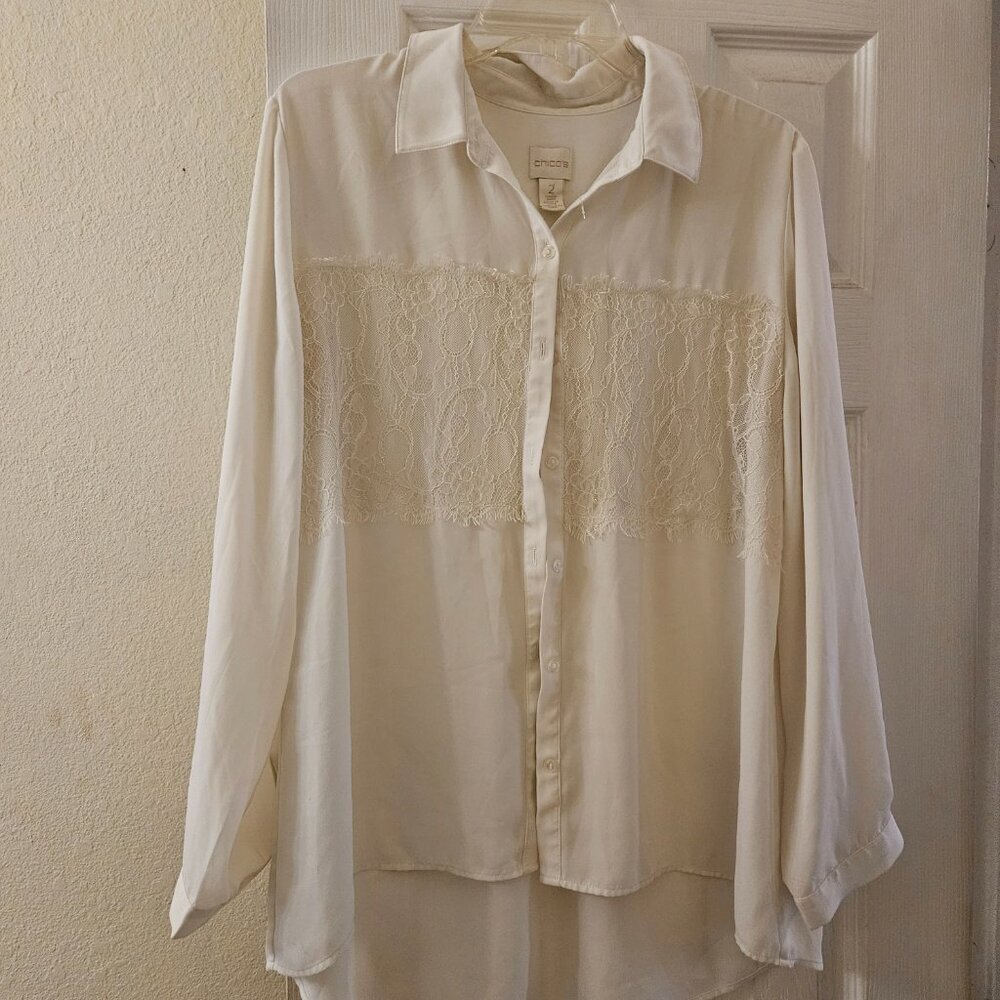 Chico's ivory creme long sleeve button down lace Work tunic blouse old money L - Picture 9 of 10